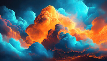 Beautiful fluffy clouds in neon blue and orange colors. Abstract art. Fantasy background. - obrazy, fototapety, plakaty