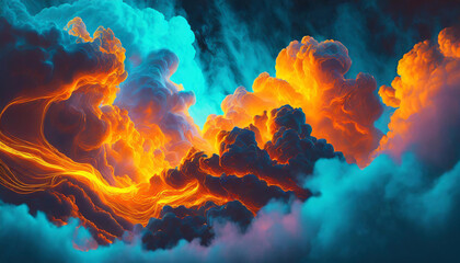 Fototapeta na wymiar Beautiful fluffy clouds in neon blue and orange colors. Abstract art. Fantasy background.