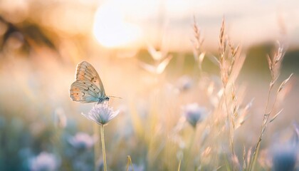 gentle natural background in pastel colors with a soft focus of blue shades wild meadow grass and butterfly in spring in nature macro beautiful summer meadow inspiration nature generative ai