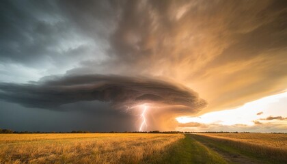 dramatic supercell storm clouds and lightning strike over a field