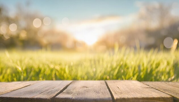 a natural spring garden background of fresh green grass with a bright blue sunny sky with a wooden table to place cut out products on