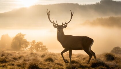 deer nature wildlife animal walking proud out of the mist - obrazy, fototapety, plakaty