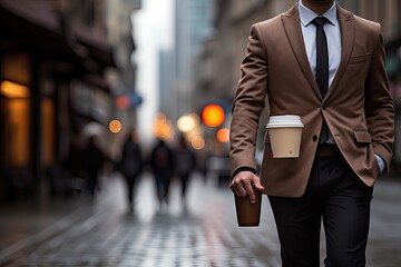businessman holding a cup of coffee walking down a street, The focus is on the businessman and the street is slightly blurred