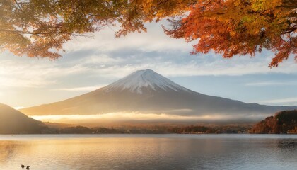 colorful autumn season and mountain fuji with morning fog and red leaves at lake kawaguchiko is one of the best places in japan - obrazy, fototapety, plakaty