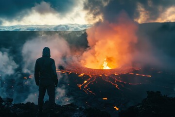 Silhouette of human standing in front of active volcano with smoke