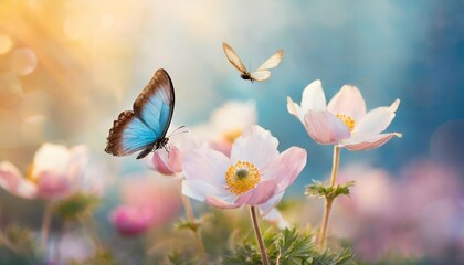 beautiful pink flowers anemones fresh spring morning on nature and flying blue butterfly on soft blue background macro amazing artistic elegant image of spring nature
