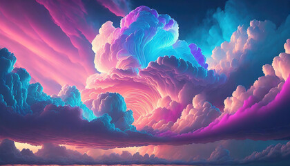 Beautiful fluffy clouds in neon blue and pink colors. Abstract art. Fantasy background. - obrazy, fototapety, plakaty