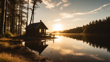 escape to a serene lakeside cabin silhouette in the heart of nature - obrazy, fototapety, plakaty