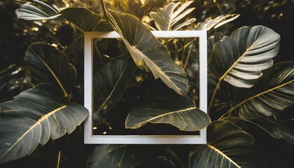 tropical leaves foliage jungle plant bush nature backdrop with white frame on black background - obrazy, fototapety, plakaty
