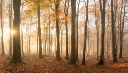 panoramic background of foggy beech forest in autumn