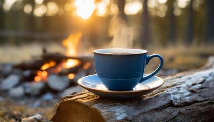 blue enamel cup of hot steaming coffee sitting on an old log by an outdoor campfire extreme shallow depth of field with selective focus on mug - obrazy, fototapety, plakaty