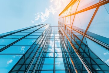 Obraz premium Modern office building with blue sky, and glass facades. Economy, finances, business activity concept
