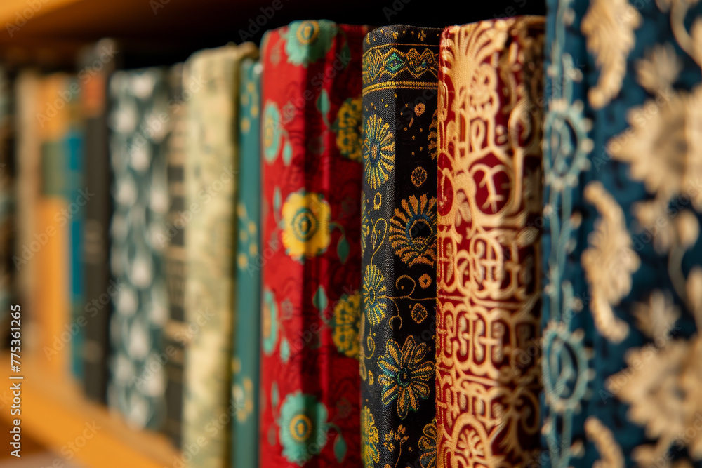 Poster a row of books with different patterns on the covers
