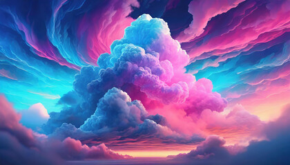 Beautiful fluffy clouds in neon blue and pink colors. Abstract art. Fantasy background.
