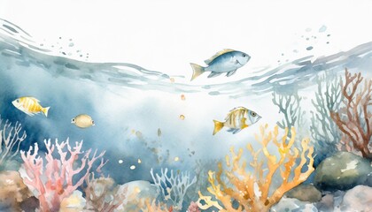 Fototapeta na wymiar coral reef underwater blue watercolor illustration fish and corals ocean nature cartoon image on white background