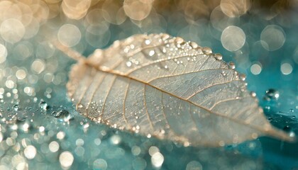 white transparent skeleton leaf with beautiful texture on a turquoise abstract background on glass with shiny water dew drops and circular bokeh close up macro bright expressive artistic image