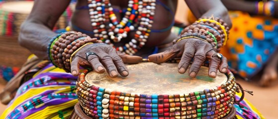   A close-up photo of a person's hands on top of a drum, adorned with beaded bracelets