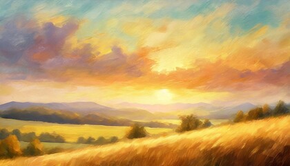 Naklejka na ściany i meble digital artwork landscape oil painting of nature colorful warm tones with sunset and clouds can be used as background or wallpaper