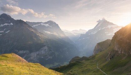 alpine peaks of grindelwald and jungfrau landskape background of bernese highland alps tourism journey hiking concept