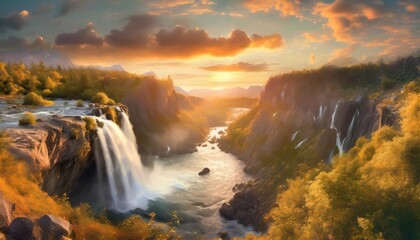 fantasy landscape with waterfalls panorama generative ai - obrazy, fototapety, plakaty