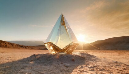 abstract fantasy alien glass spaceship on barren desert planet landscape crystal prism monolith sculpture sparkling in the sun - obrazy, fototapety, plakaty