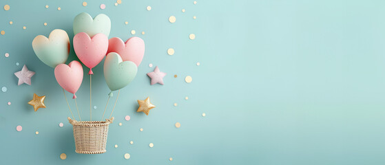 Heart-Shaped Balloons in Basket with Stars, Confetti on Light Blue Background - Ideal for Logos, Web Icons, Templates with Ample Copy Space