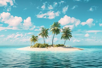 Fototapeta na wymiar Small tropical sandy island with palms surrounded by the blue waters of the ocean