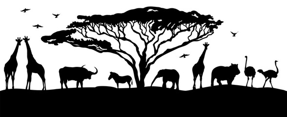 African landscape silhouettes of animals. hand drawing. Not AI, Vector illustration