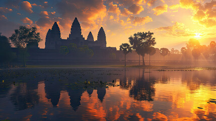 Fototapeta premium Scenic View of Angkor Wat Temple During Sunrise with Reflection in Pond