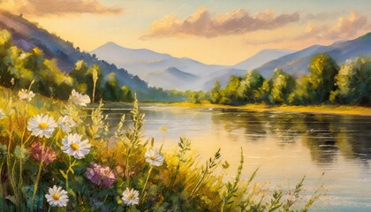 summer landscape flowers on the river bank with trees and mountains in the background oil painting...