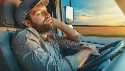 Roadside Rest: Tired Truck Driver Napping After Longhaul Shift