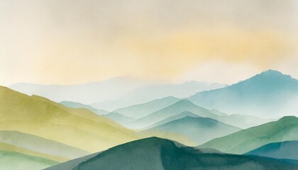minimalistic landscape art background with mountains and hills in blue and green colors abstract banner in oriental style with watercolor texture for decor print wallpaper - obrazy, fototapety, plakaty