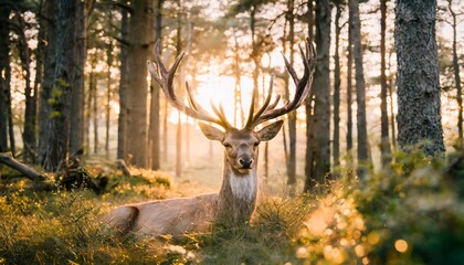 powerful spirit of nature with glowing antlers in the magical forest landscape mystical creature guardian of the woods - obrazy, fototapety, plakaty