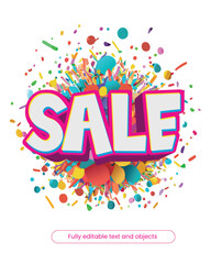 Editable text vector for commerce and stores, product advertisement, colorful and with confetti