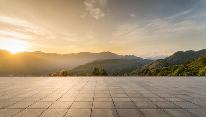 square floor and green mountain nature landscape - obrazy, fototapety, plakaty