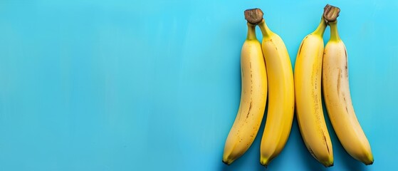   Two bunches of bananas rest atop a blue surface with a wooden stick protruding from one