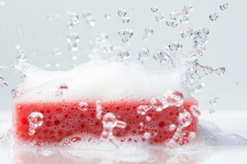 soap foam and red sponge in foam with bubbles isolated on white background