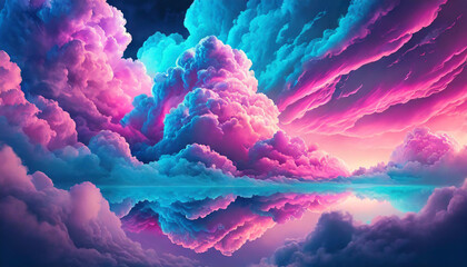 Beautiful fluffy clouds in neon blue and pink colors. Abstract art. Fantasy background. - obrazy, fototapety, plakaty