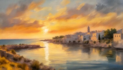 Fototapeta na wymiar impressionist oil painting beautiful dramatic puglia sunset in italy during summertime