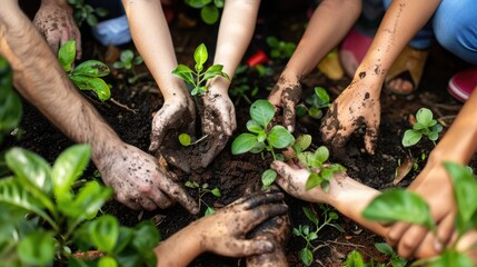 Diverse individuals collaborate in a garden, planting trees with soil-covered hands, aiming for a greener planet this World Environment Day