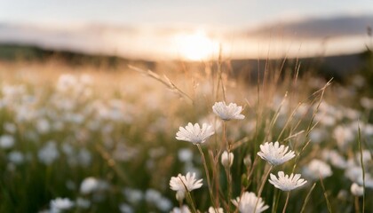 a close up of some white flowers depicts a detailed view of delicate white blooms ideal for nature themed designs soft gently wind grass flowers in aesthetic nature of early morning - obrazy, fototapety, plakaty