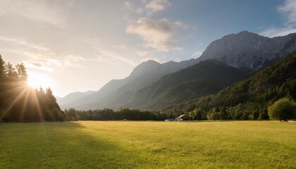 green grass field near mountain on sunny day in zgornje jezersko kranj slovenia - obrazy, fototapety, plakaty