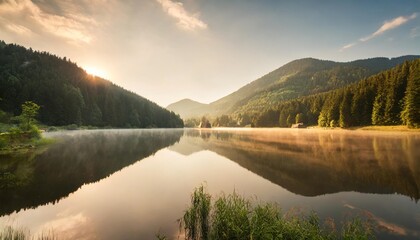 spectacular morning view of lacu rosu lake misty summer scene of harghita county romania europe beauty of nature concept background - obrazy, fototapety, plakaty