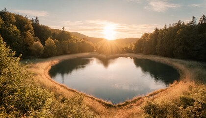 a heart shaped lake in untouched nature symbolizing the importance of nature conservation bio products and forest protection - obrazy, fototapety, plakaty