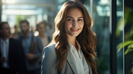 Businesswoman in a modern office, confidently looking at camera, sunlight streaming through floor-to-ceiling windows, sleek glass desks, emphasizing their firm handshake - obrazy, fototapety, plakaty