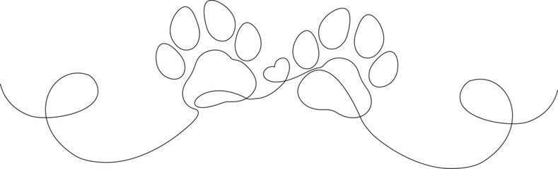 One continuous line drawing of dog footprint with heart. Line breaking love for animals in simple linear style. Vector Graphic Illustration for Canva, presentation, decoration - obrazy, fototapety, plakaty