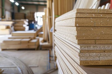 Stacked Chipboard Sheets in Carpentry Workshop