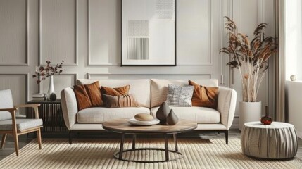 Cozy scandinavian living room interior with round coffee table, beige rug, and classic paneling, creating a warm ambiance