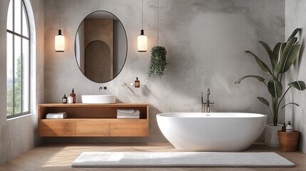 Fototapeta na wymiar a bathroom with a tub , sink , mirror and window