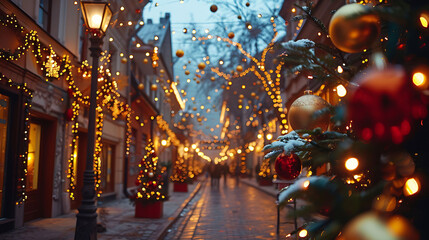 Festive holiday lights in a town square - obrazy, fototapety, plakaty